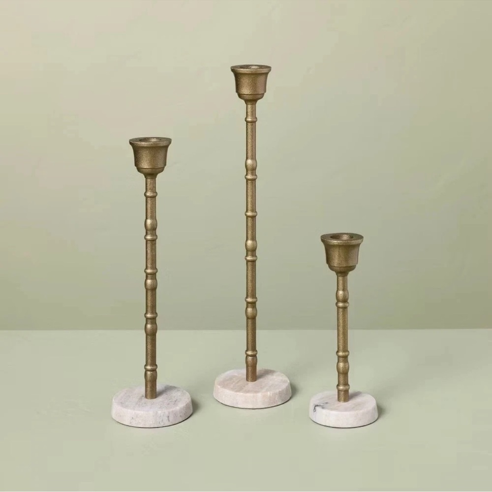 Hearth & Hand Magnolia 3pc Taper Marble and Brass Candle Holder Set NEW!